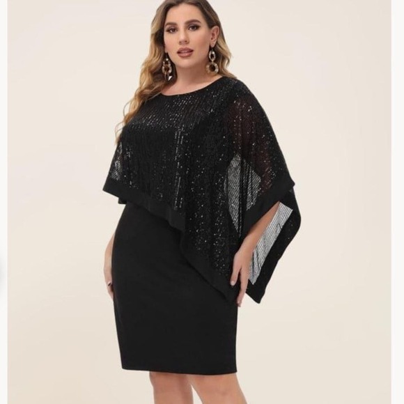 HANNA NIKOLE Black Sequined Capelet Decorated Scoop Neck Bodycon Dress 22W‎ - Picture 1 of 7